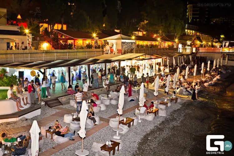 Beach club terraces at dusk